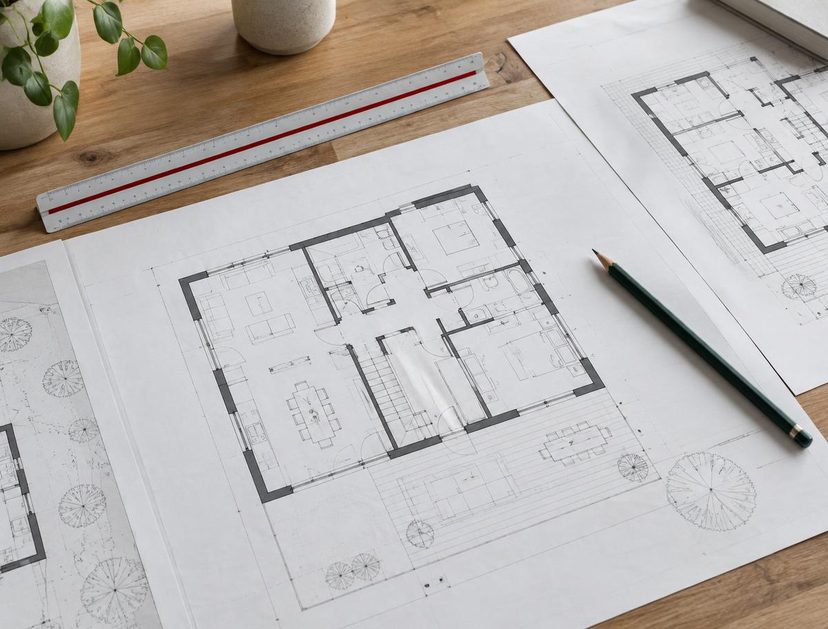 Floor plan drawings on a desk
